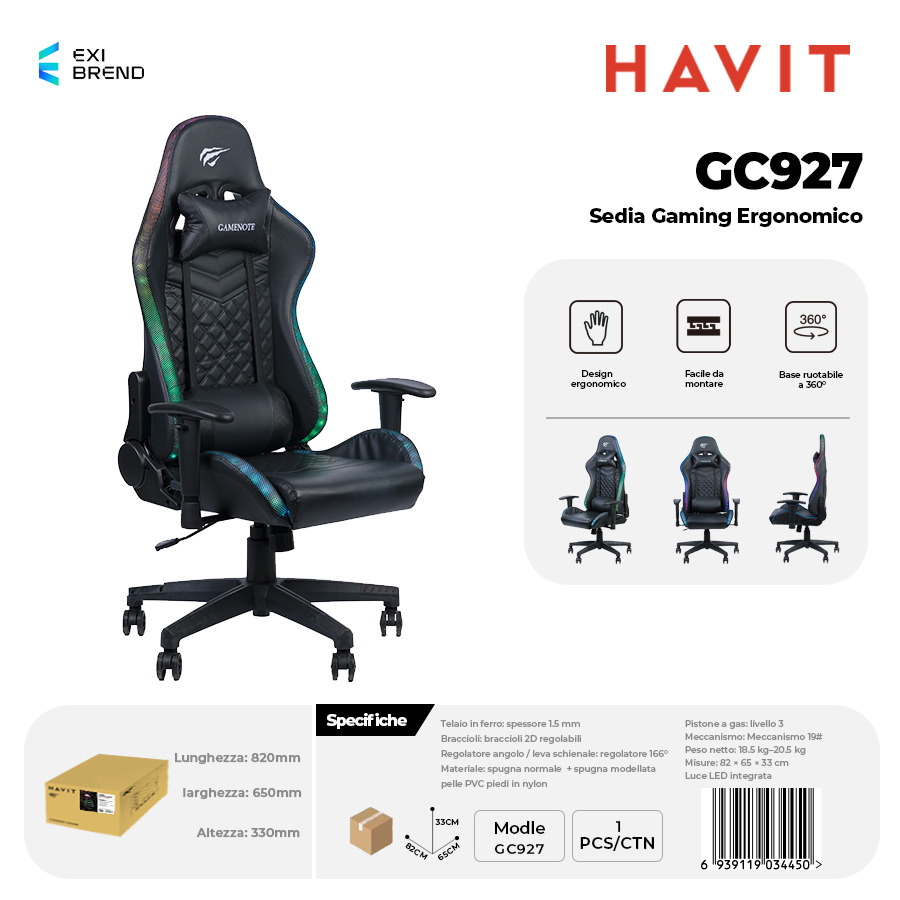 [GC927] HAVIT GC927 Sedia Gaming Nero con Luci RGB