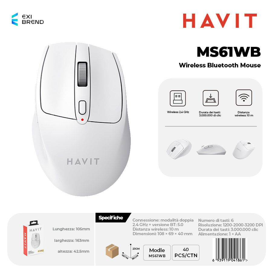 HAVIT MS61WB-WH Wireless Bluetooth 5,0 Mouse DPI Regolabili 1200-2000-3200
