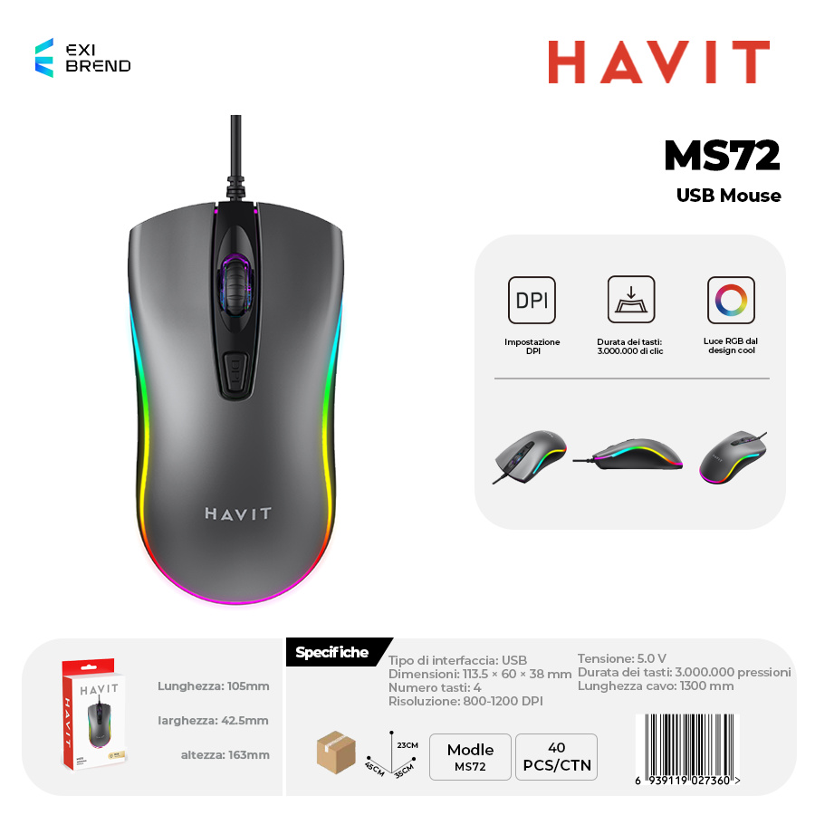 HAVIT MS72-GY Mouse USB RGB Regolabile