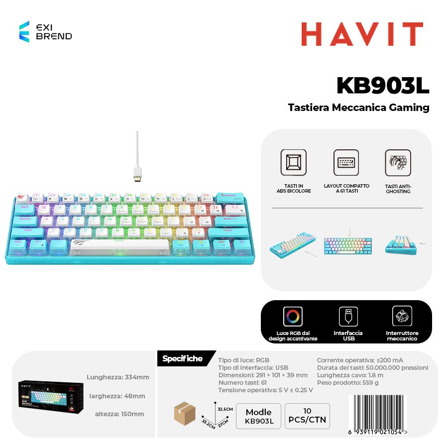 HAVIT KB903L-BW Tastiera Meccanica Gaming RGB Regolabili Bianco Switch