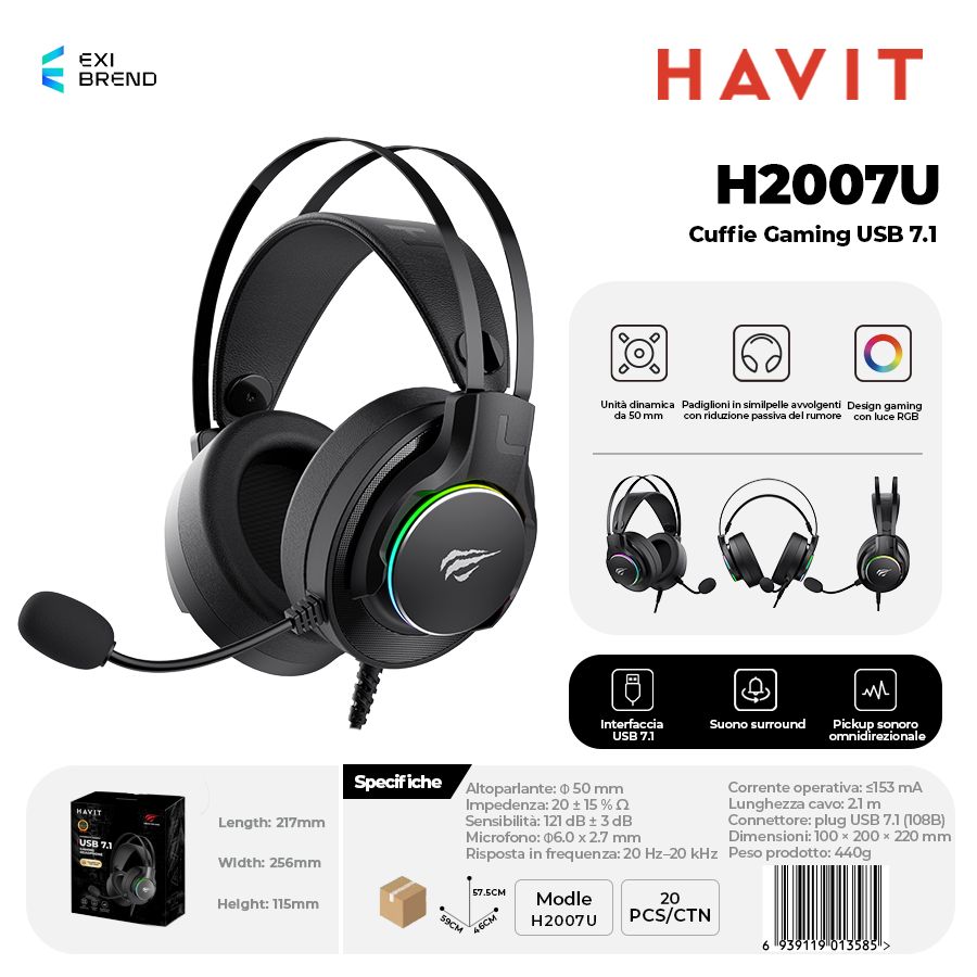 HAVIT H2007U Cuffie Gaming USB 7,1 Altoparlante 50 mm con RGB