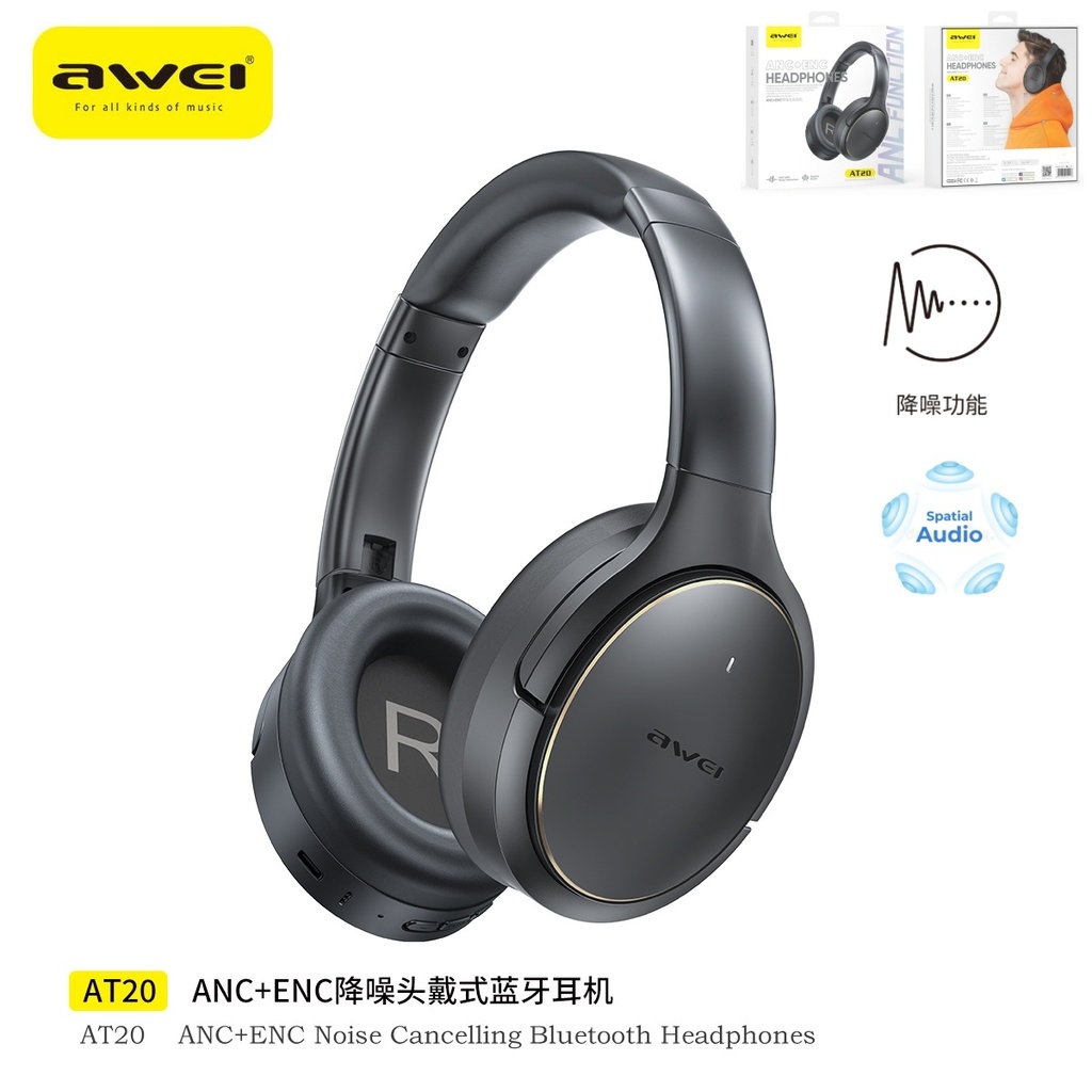 AWEI AT20-BK Cuffie Wireless ANC + ENC Audio Spaziale Nero