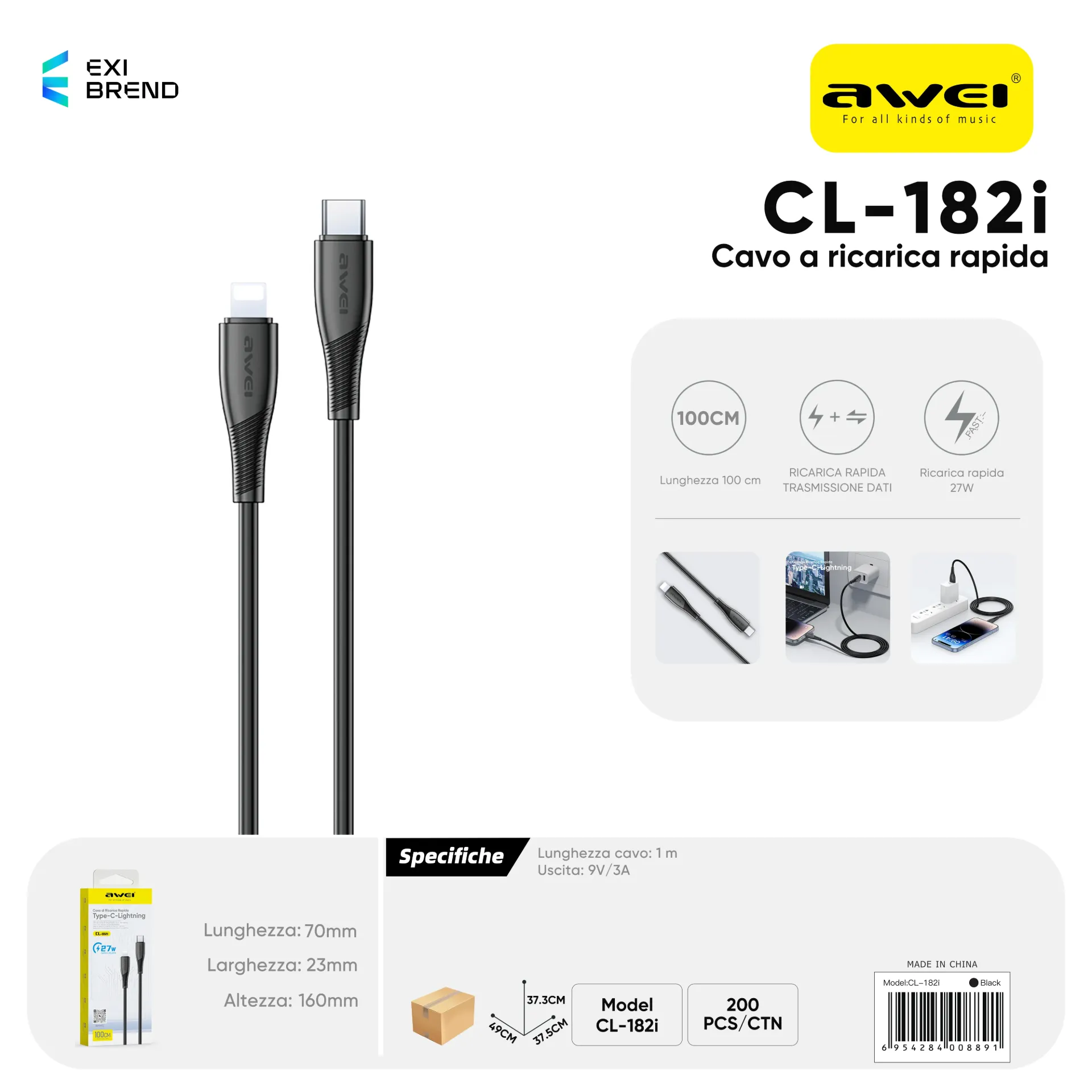 [CL-182iBK] AWEI CL-182iWH Cavo Lightning To Type-C 1 m