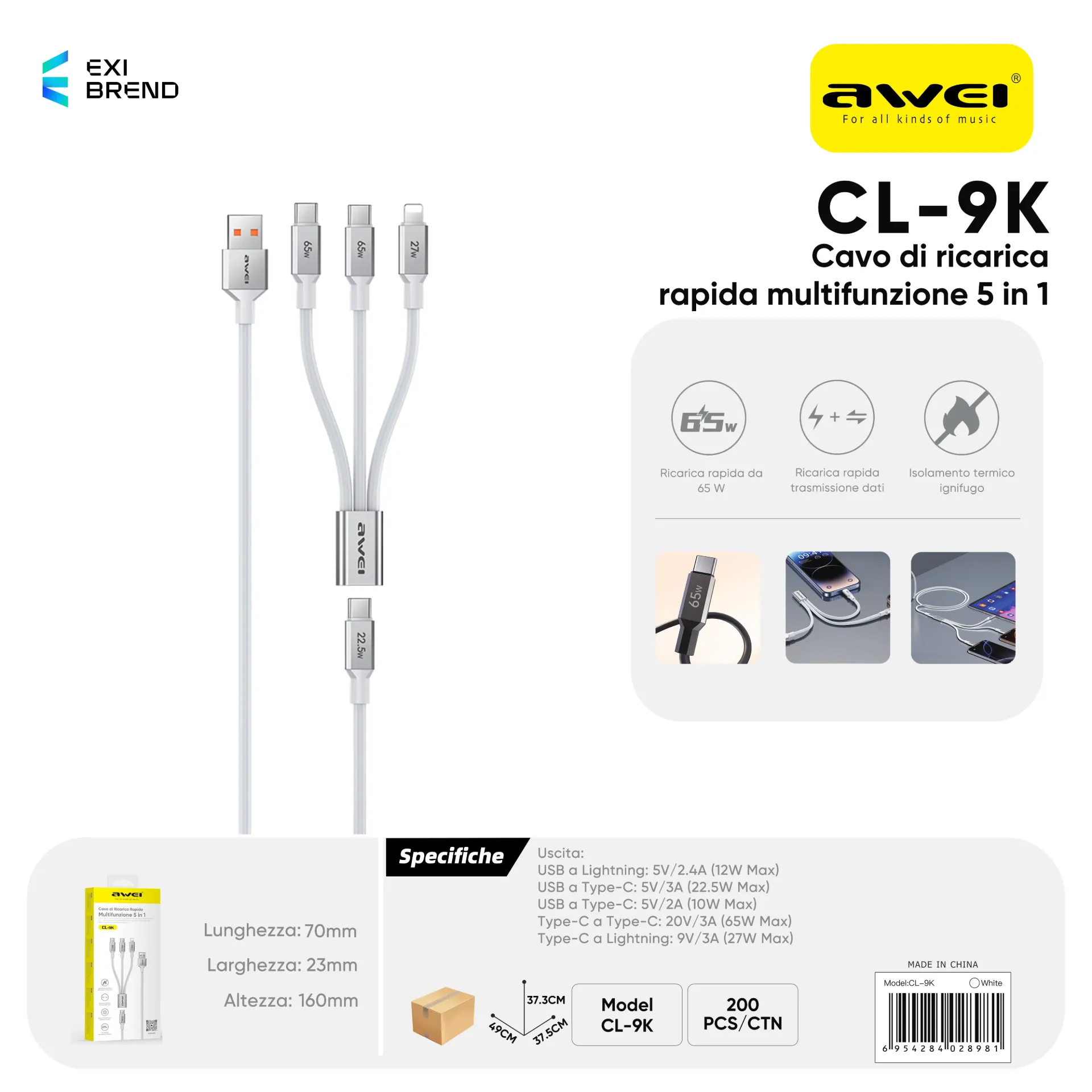 [CL-9KWH] AWEI CL-9KWH Cavo Dati Multi CarIcatore 5 in 1
