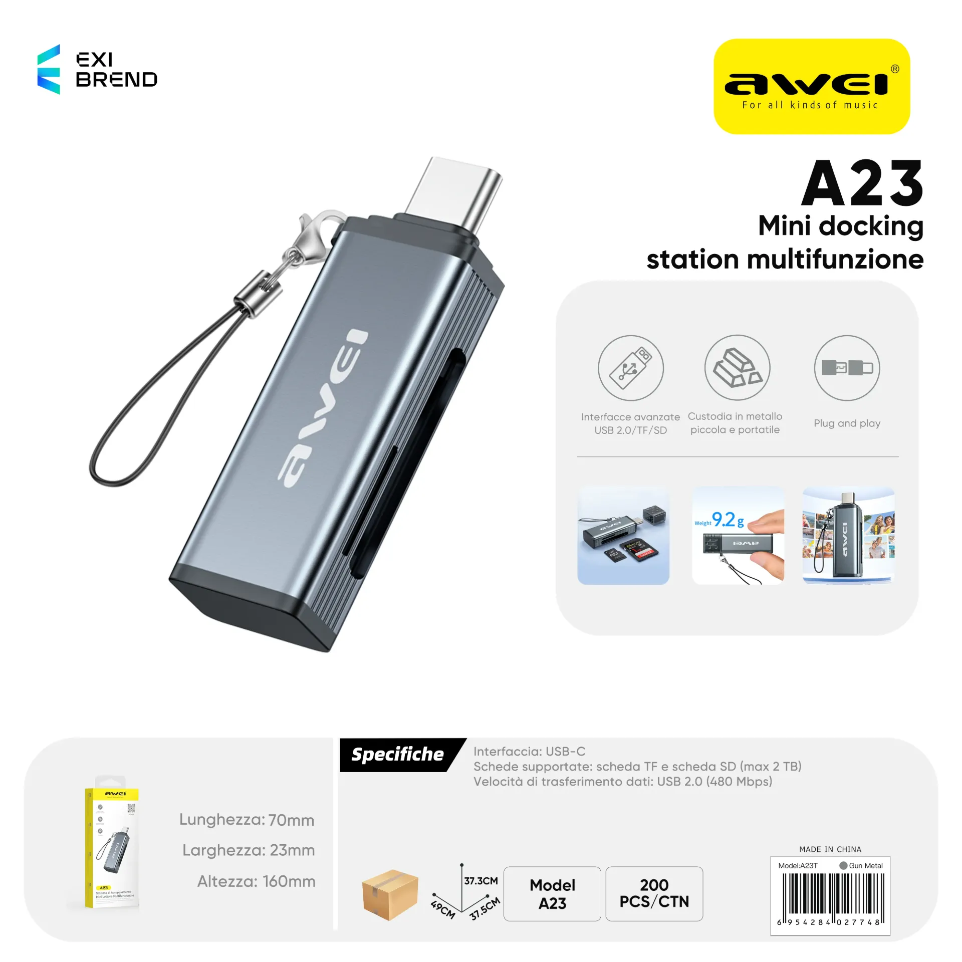 [A23T] AWEI A23T Adattatore Type C a Scheda SD
