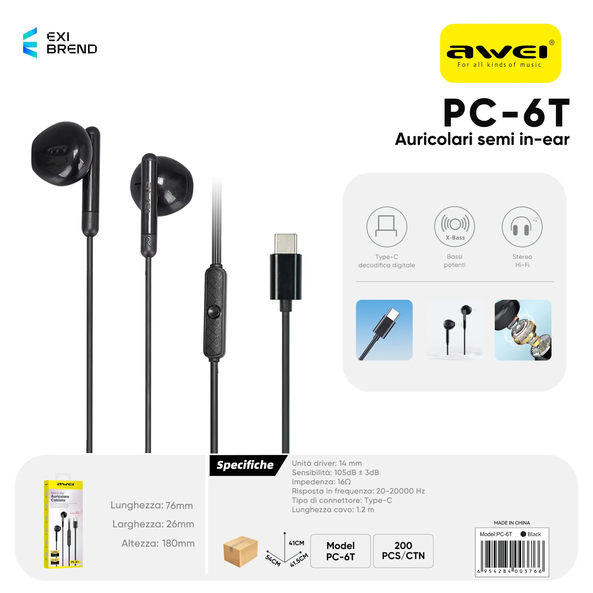 [PC-6TBK] AWEI PC-6TBK Auricolari Cablati Type-C