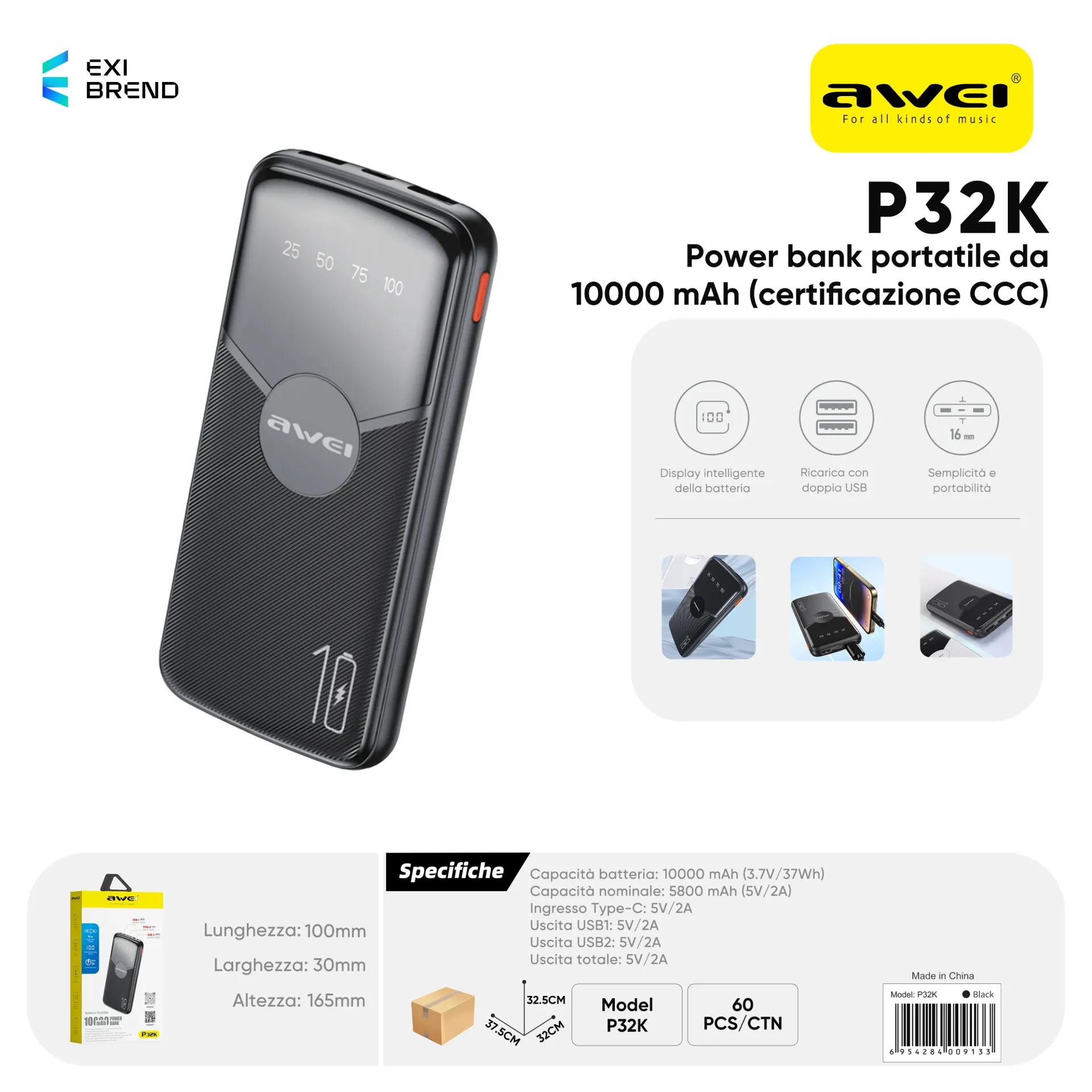 [P32K-BK] AWEI P32K-BK Power Bank 10000 mAh Doppia USB10000 mAh