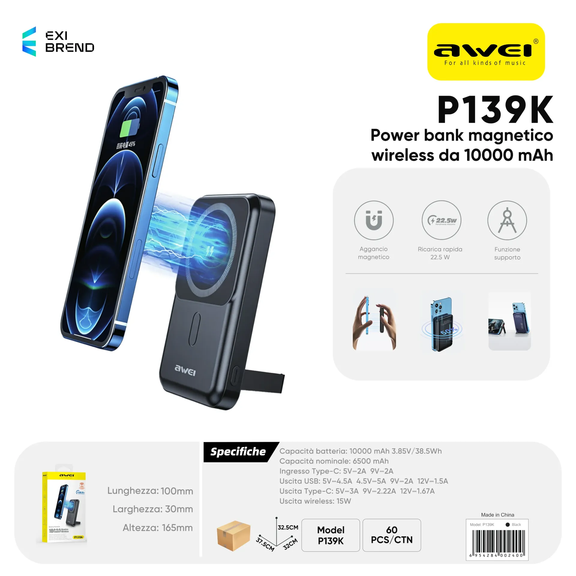 [P139K] AWEI P139K Power Bank Wireless & Magnetico