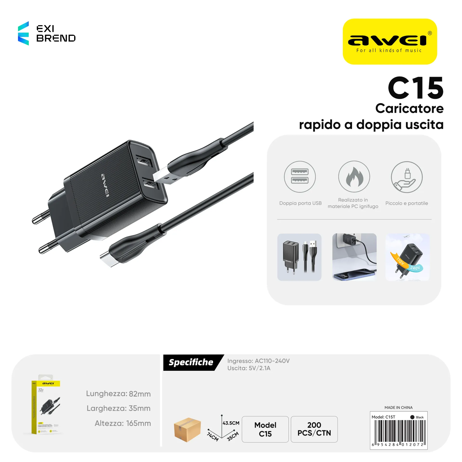 [C15T-EUBK] AWEI C15T-EUBK Set Caricatore con Doppio Uscita USB + CavoUSB To Type-C