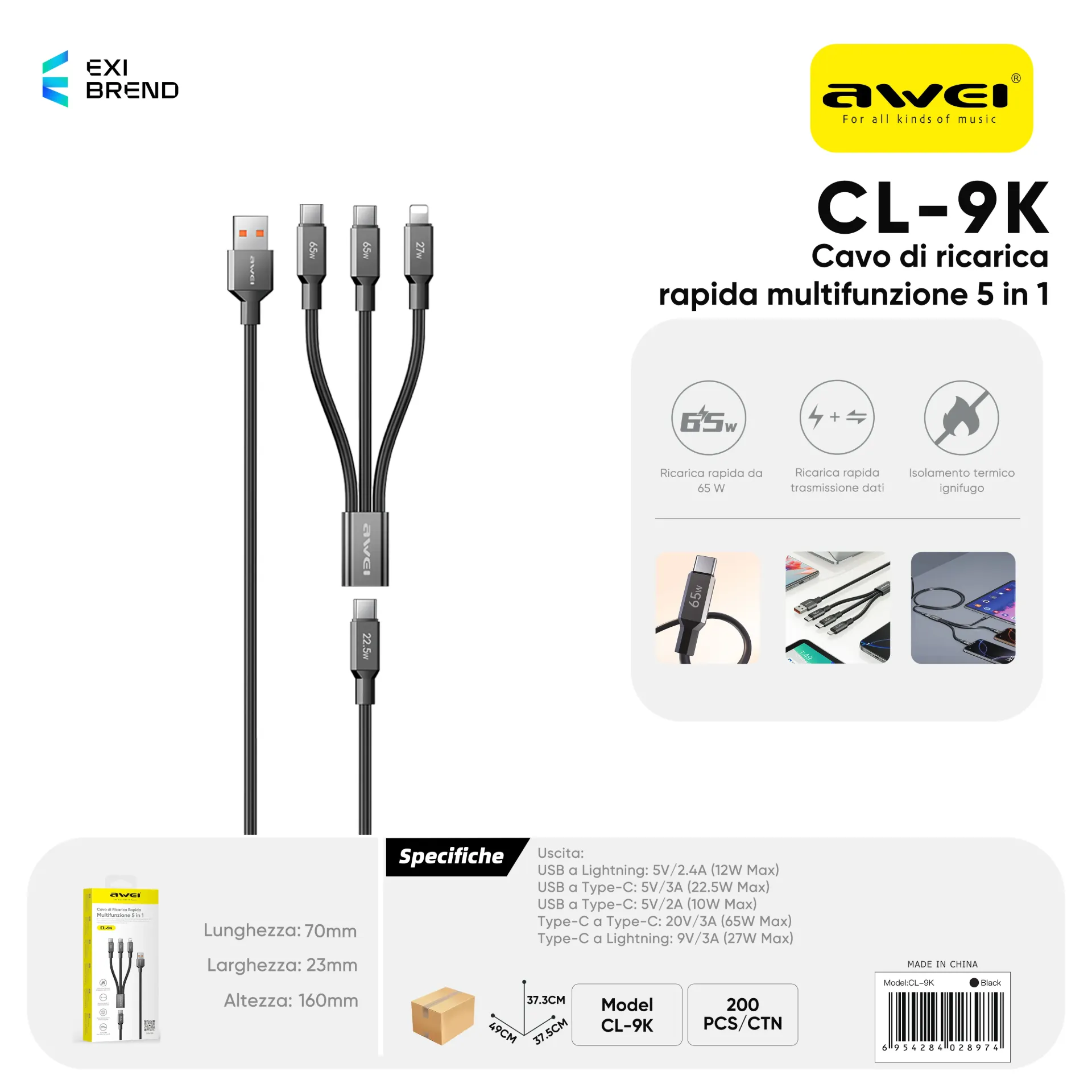 [CL-9KBK] AWEI CL-9KBK Cavo Dati Multi CarIcatore 5 in 1