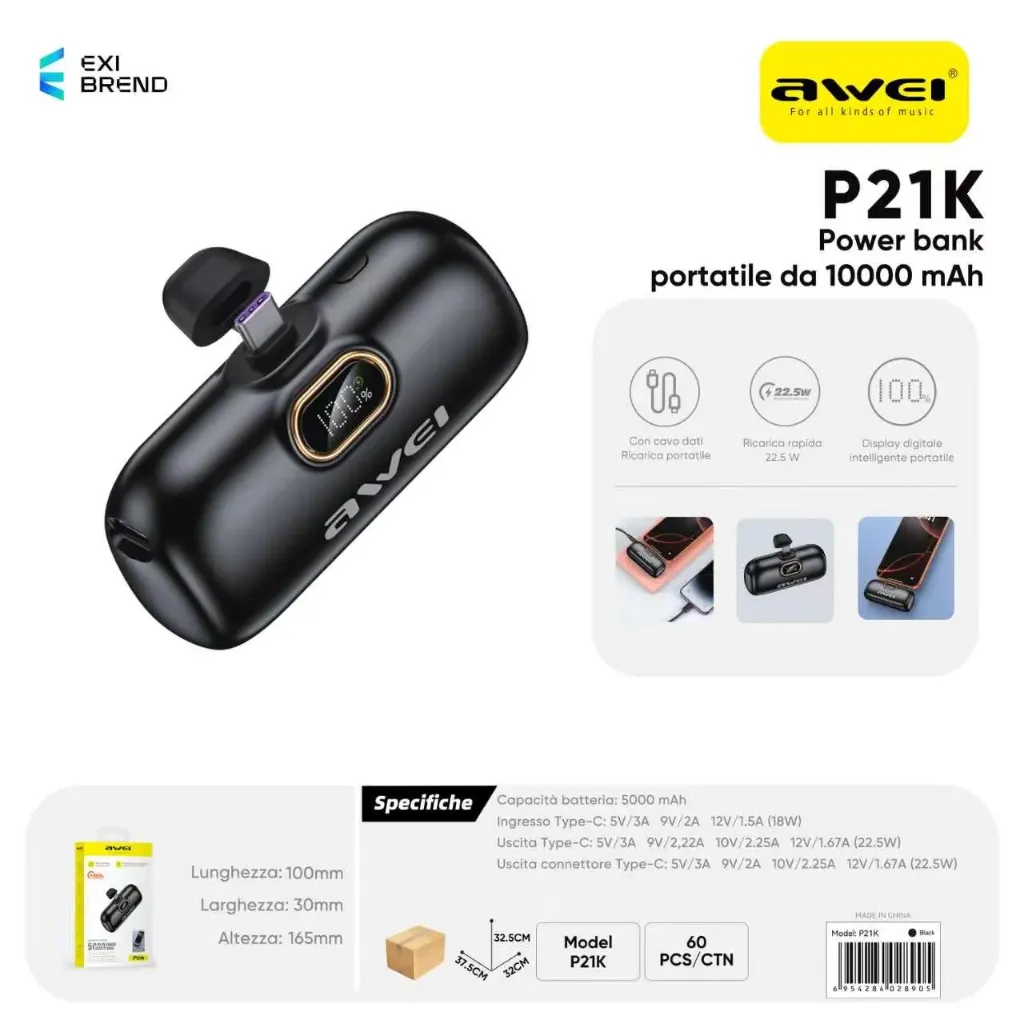 [P21K-BK] AWEI P21K-BK Power Bank 5000 mAh Nero