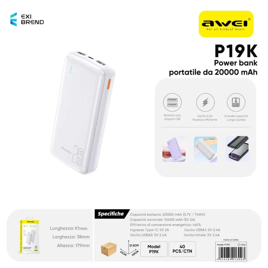 [P19K-WH] AWEI P19K-WH Power Bank 20000 mAh Doppia USB