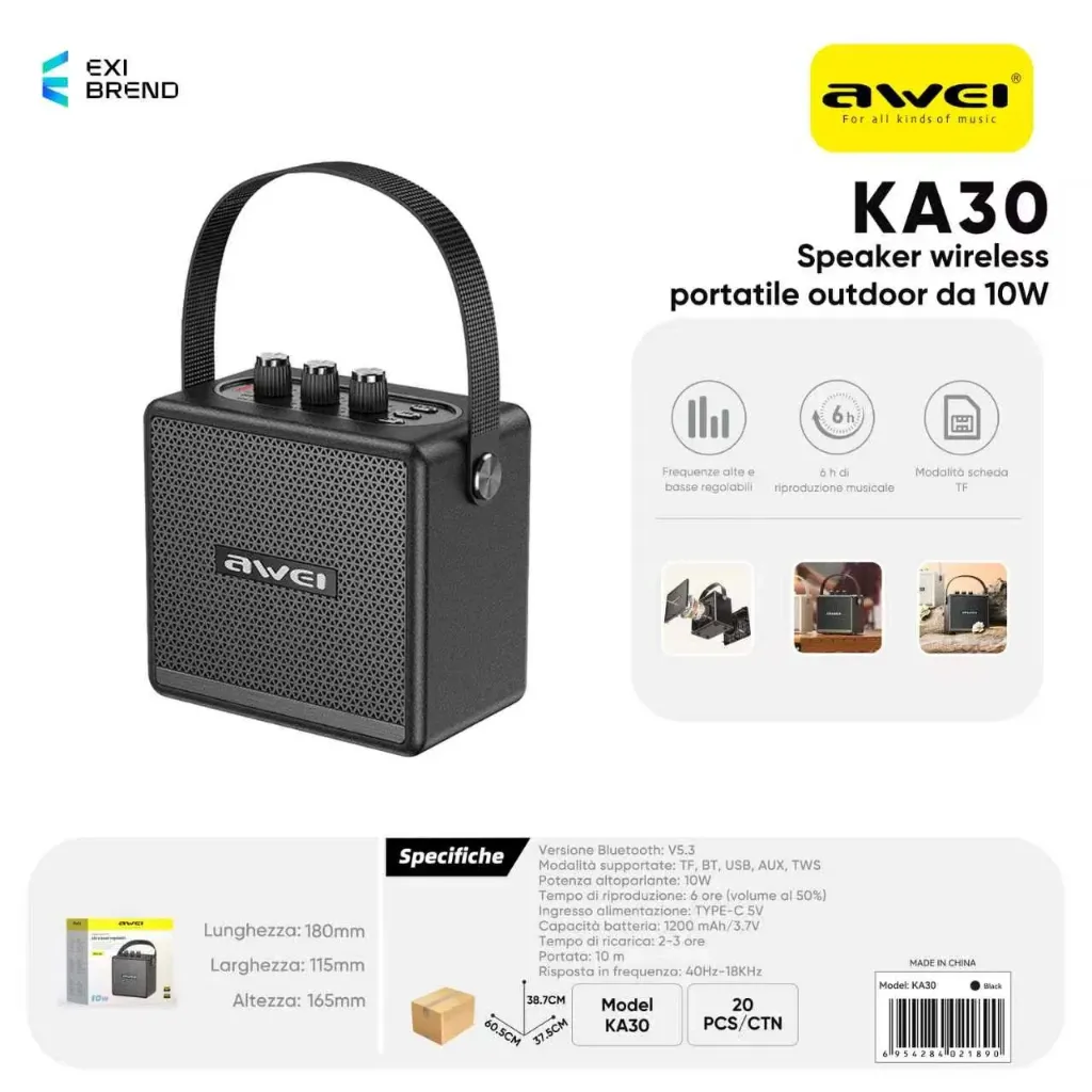 [KA30-BK] AWEI KA30-BK Cassa Bluetooth da Esterno