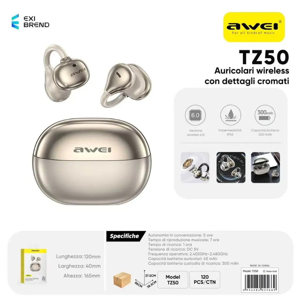 [TZ50-GD] AWEI TZ50-GD Auricolari Bluetooth a Clip Condotta Aria Oro