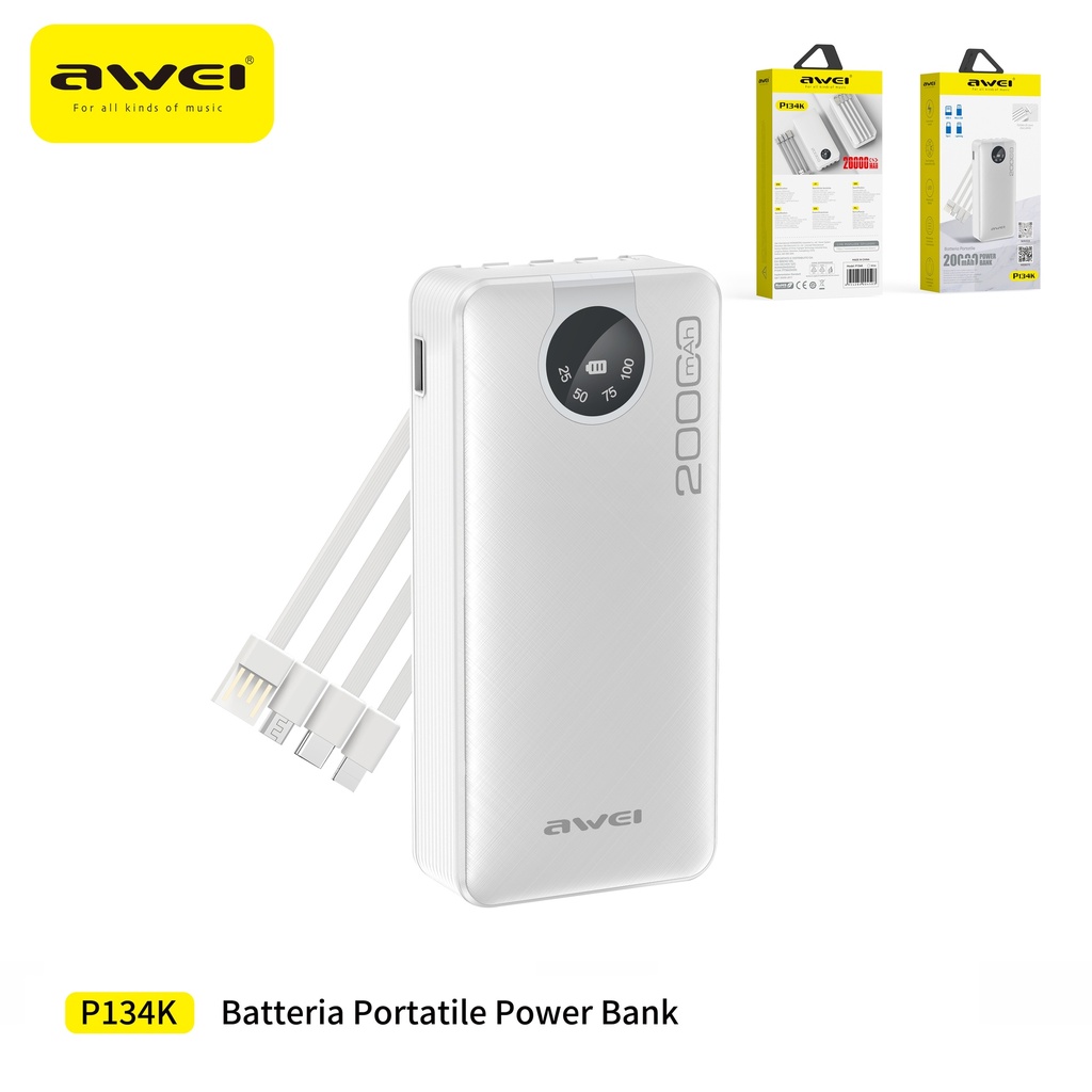 AWEI P134K Power Bank con Cavo 4 in 1 20000 mAh