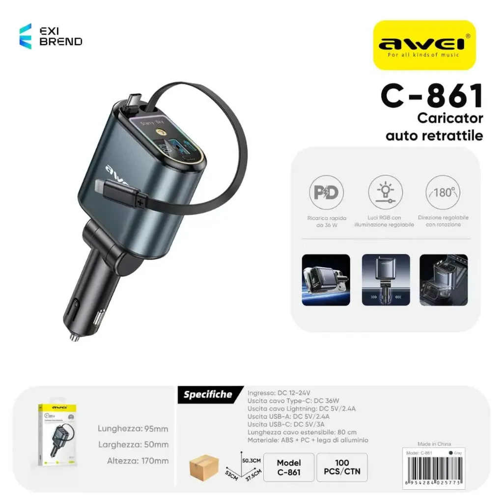 [C-861] AWEI C-861 Caricatore Auto 36W