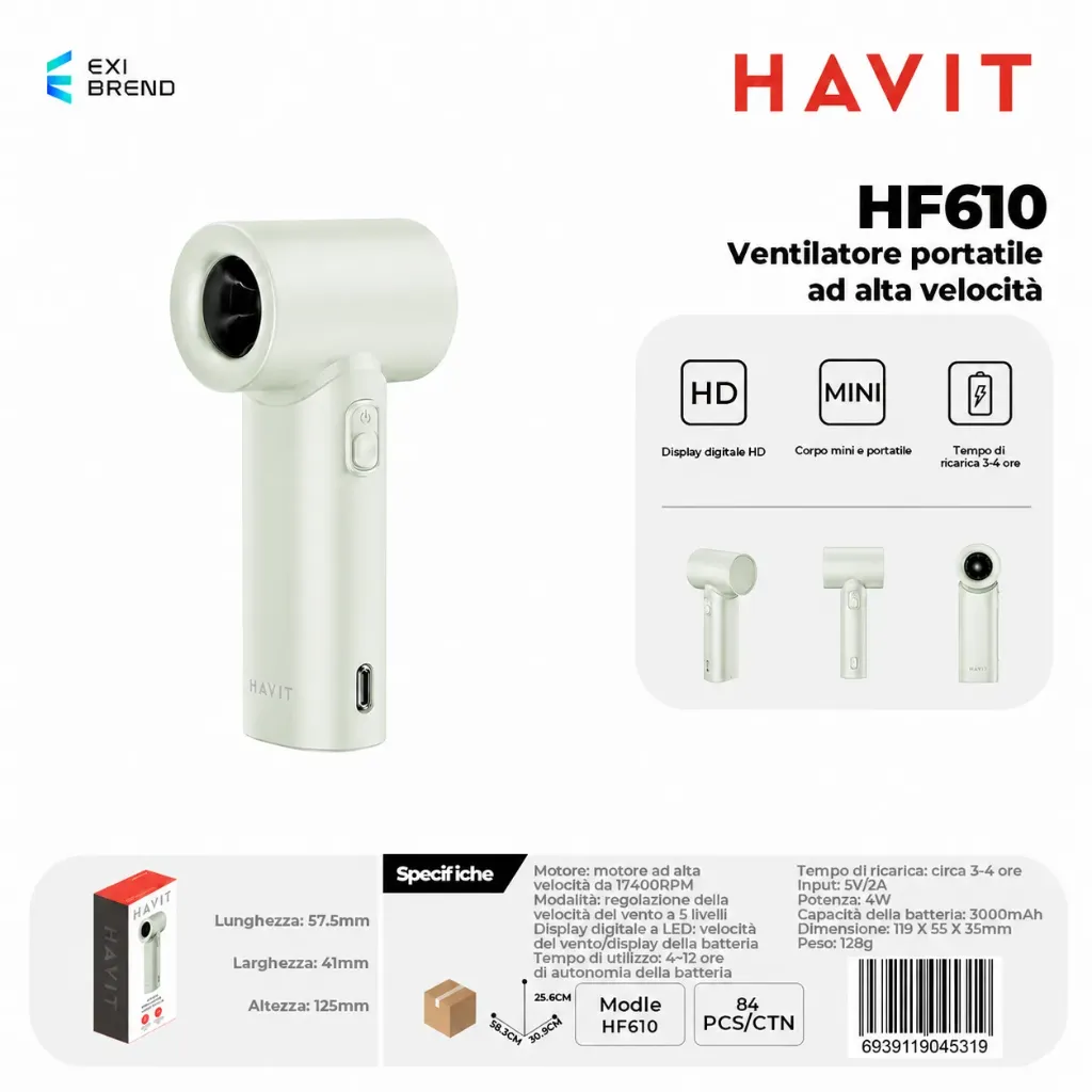 [HF610-GR] HAVIT HF610 Small Home Appliances-Ventilatore Portatile Ad Alta Velocità