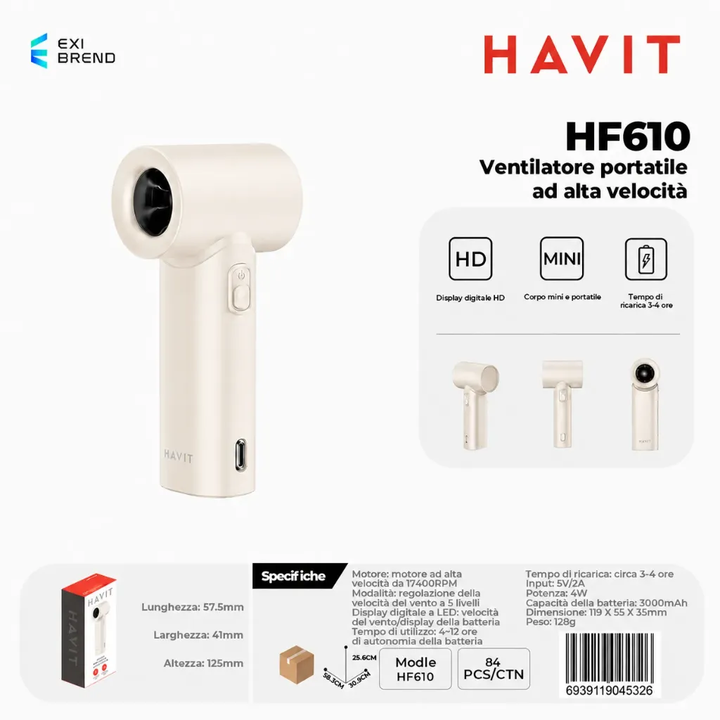 [HF610-WH] HAVIT HF610 Small Home Appliances-Ventilatore Portatile Ad Alta Velocità