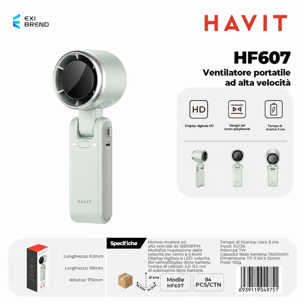 [HF607-GR] HAVIT HF607 Small Home Appliances-Ventilatore Portatile Ad Alta Velocità