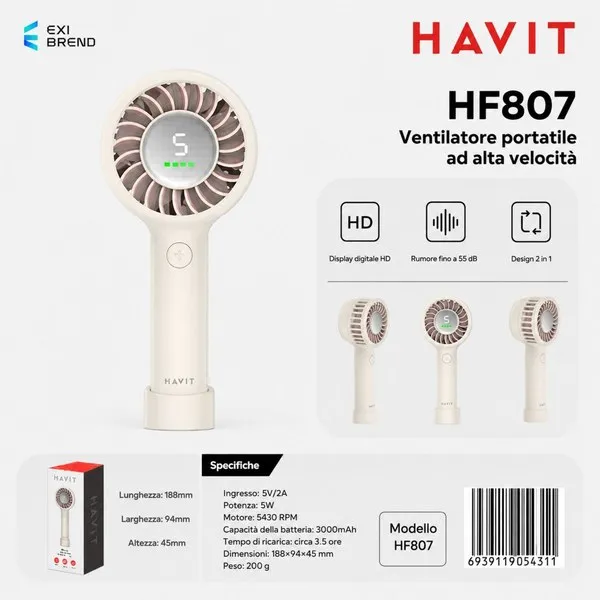 [HF807-BE] HAVIT HF807 Small Home Appliances-Ventilatore Portatile Ad Alta Velocità