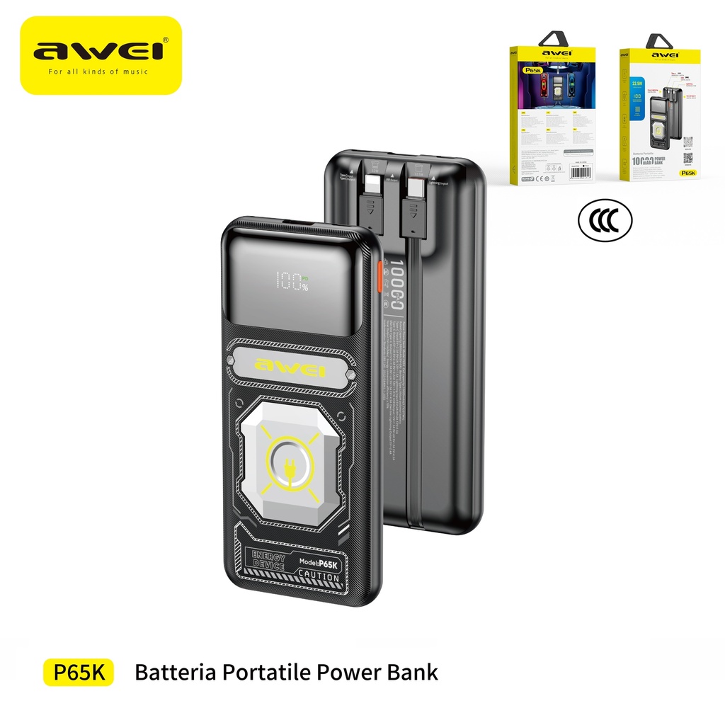 AWEI P65K Power Bank con Cavo Type-C + Lightning 10000 mAh