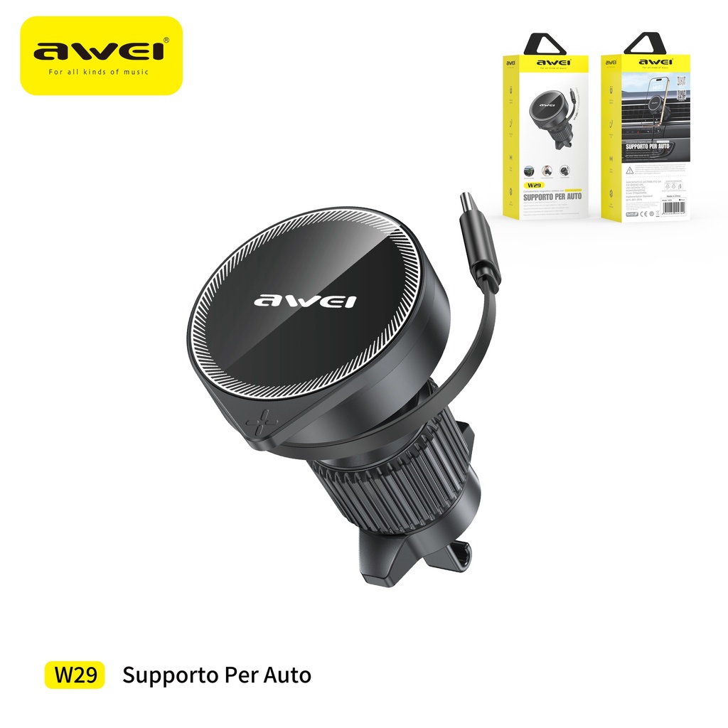 AWEI W29 Supporto Auto con Caricatore Wireless 3 in 1 Presa Type-C