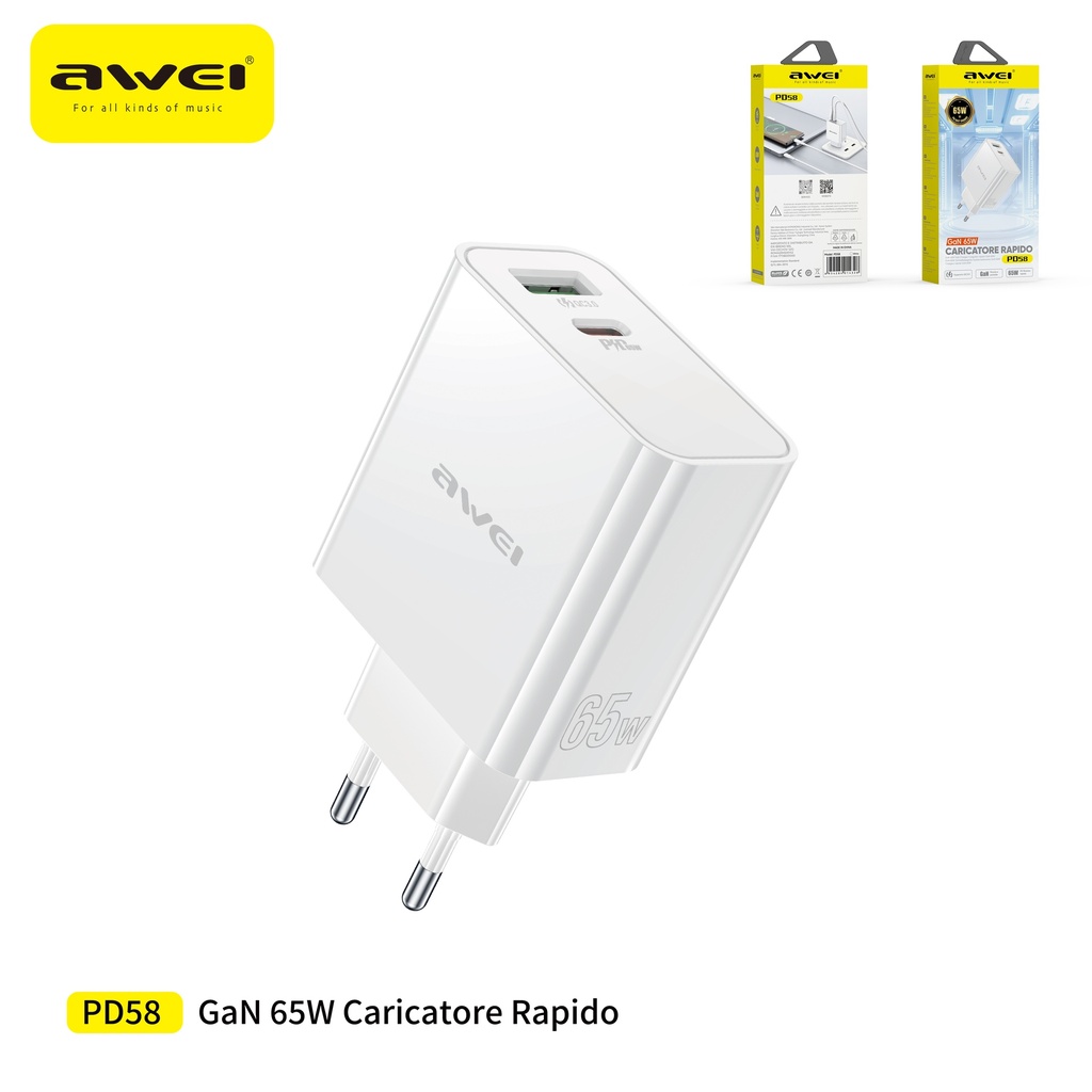 AWEI PD58-EUWH Caricatore Gan con Ricarica Rapida 65W USB + Type-C