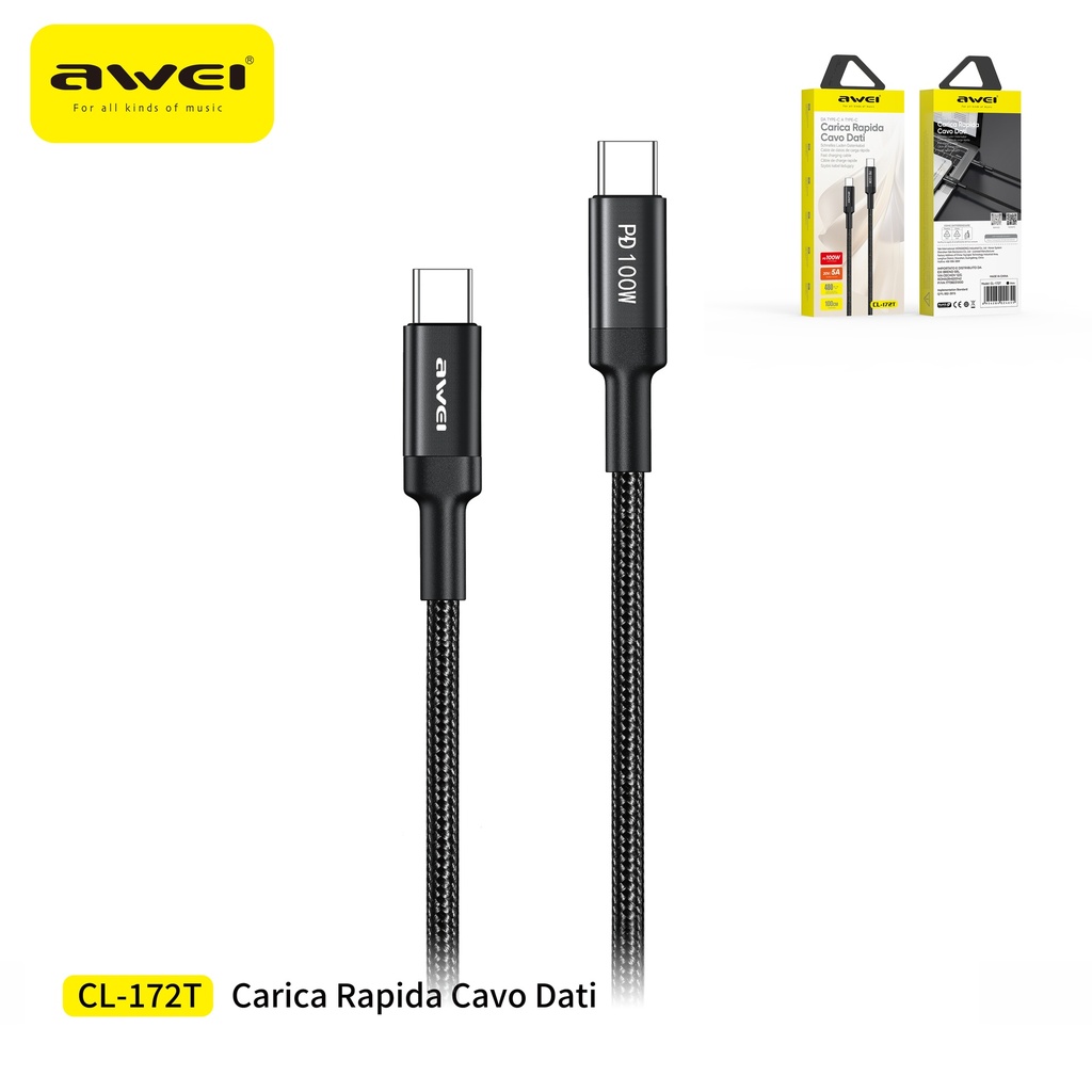 [CL-172TBK] AWEI CL-172TBK Cavo Type-C a Type-C 1 m 100W 5A