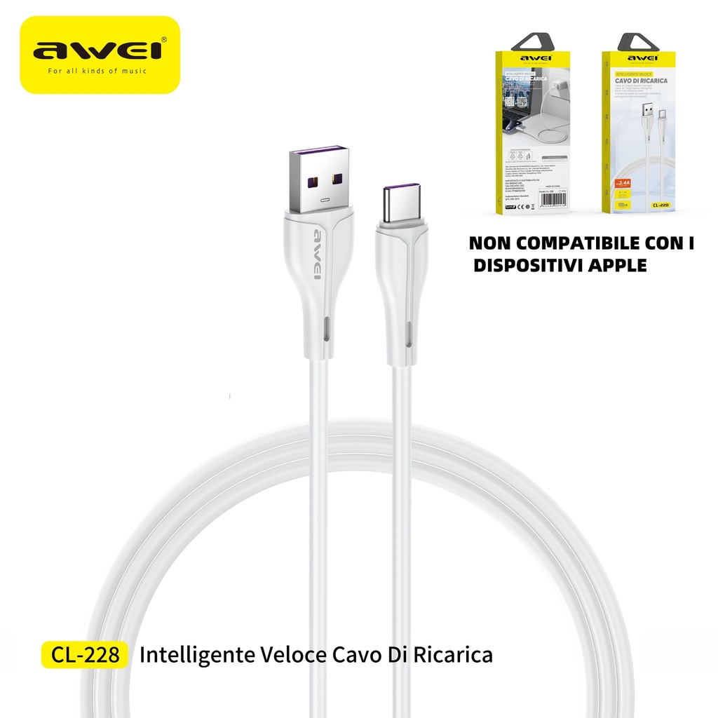 AWEI CL-228WH Cavo USB a Type-C 1 m 2,4A