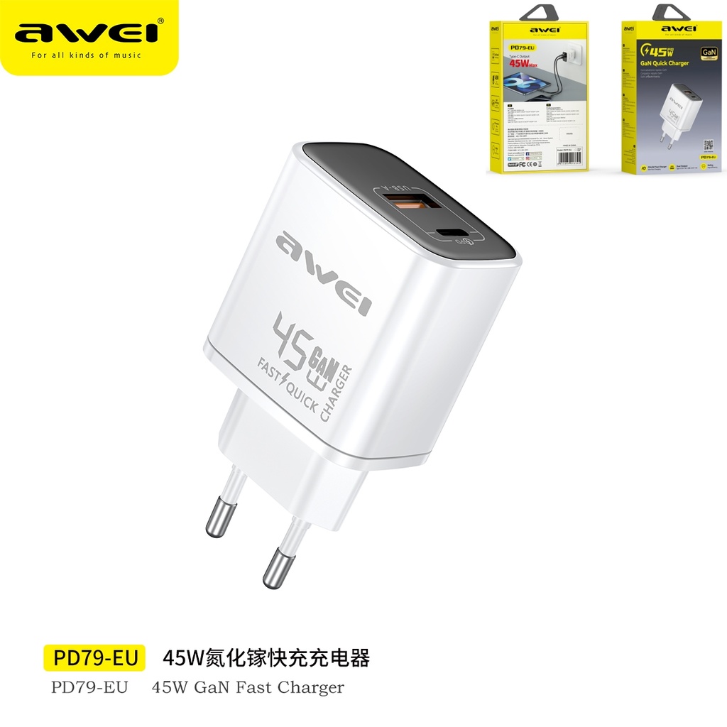 AWEI PD79-EUWH Caricatore Ultra Veloce Gan 45W USB + Type-C