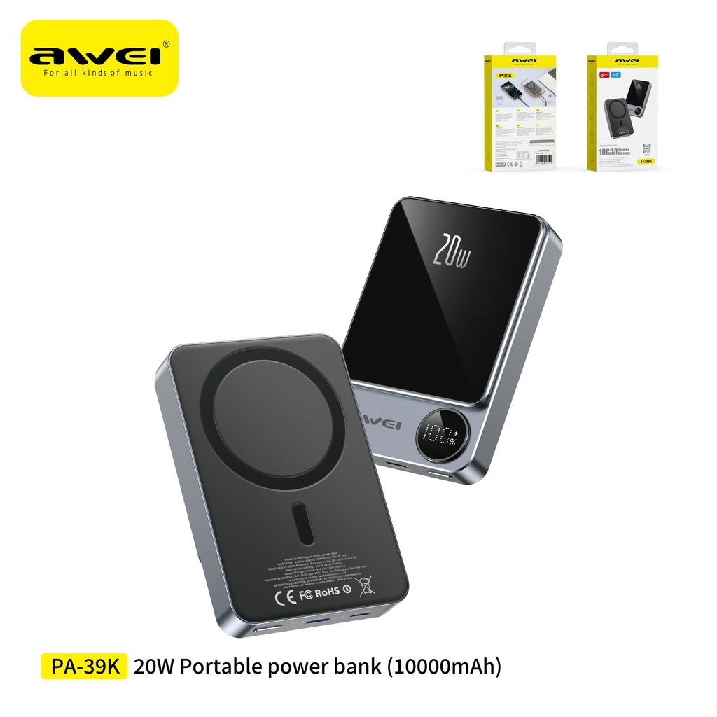 [P39K] AWEI P39K Power Bank Wireless + USB 10000 mAh 20W