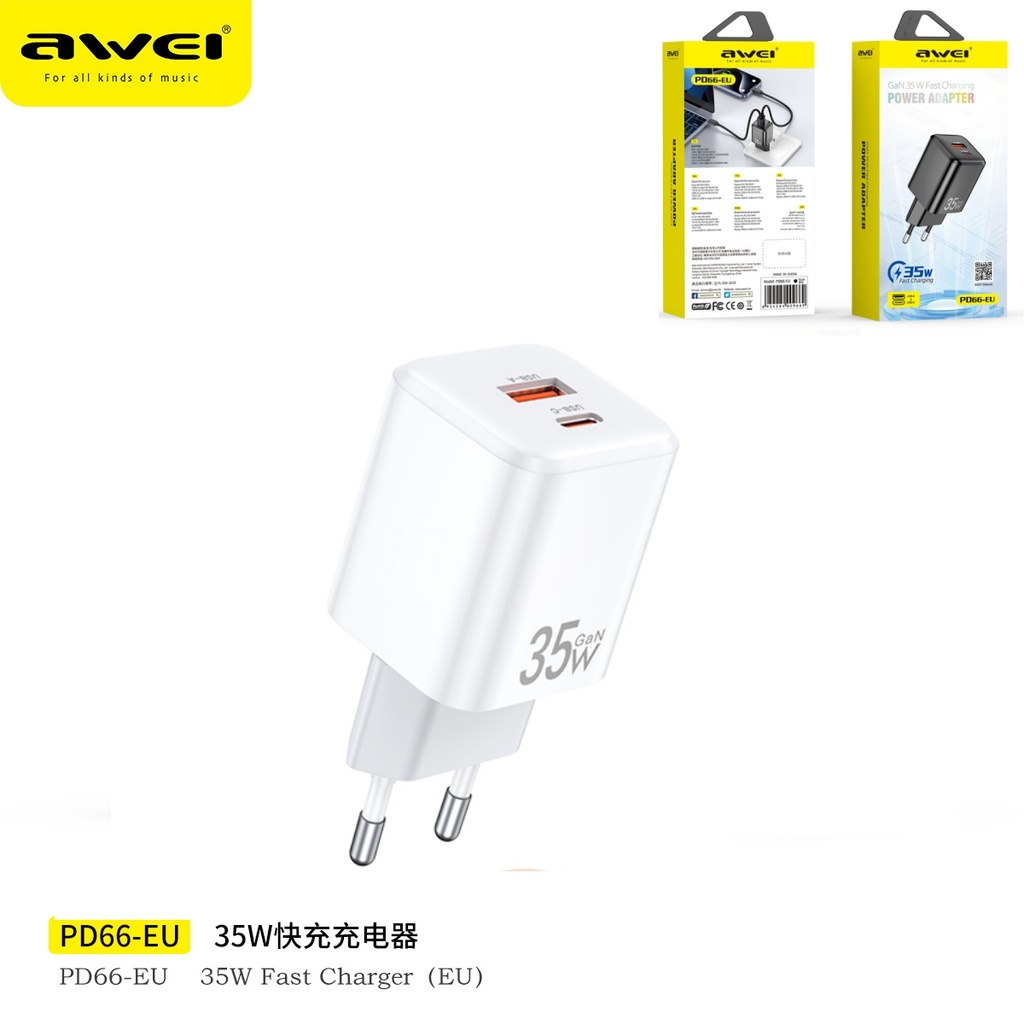 AWEI PD66-WH Caricatore Veloce Gan 35W USB + Type-C