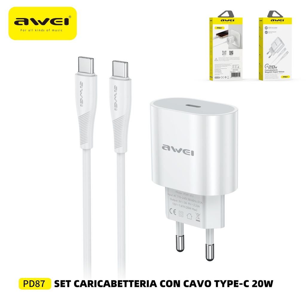 AWEI PD87CC Set Caricatore 20W + Cavo Type-C a Type-C