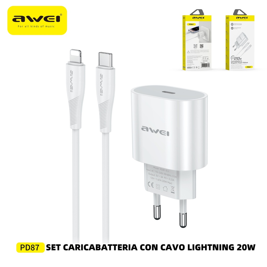 AWEI PD87CL Set Caricatore 20W + Cavo Type-C a Lightning