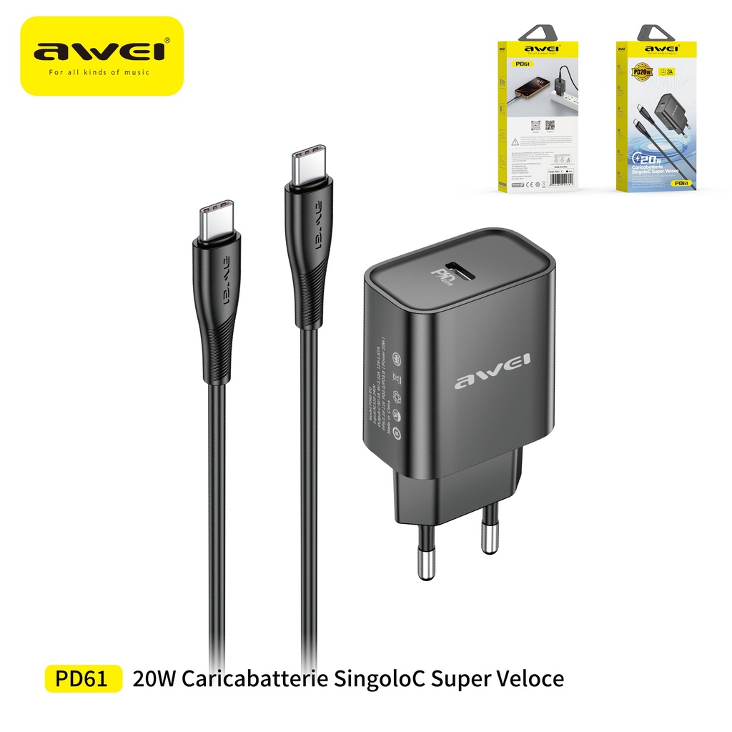 AWEI PD61CC Set Caricatore 20W + Cavo Type-C a Type-C