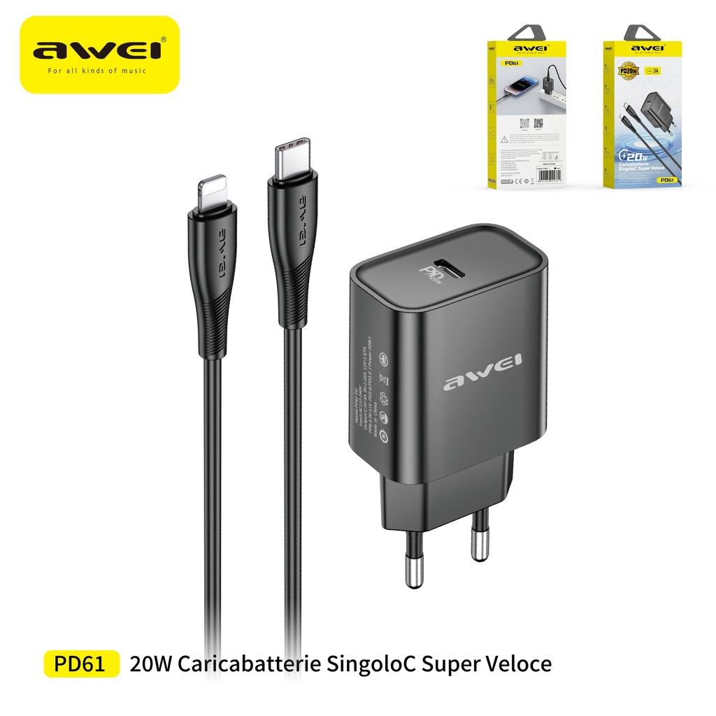 AWEI PD61CL Set Caricatore 20W + Cavo Type-C a Lightning