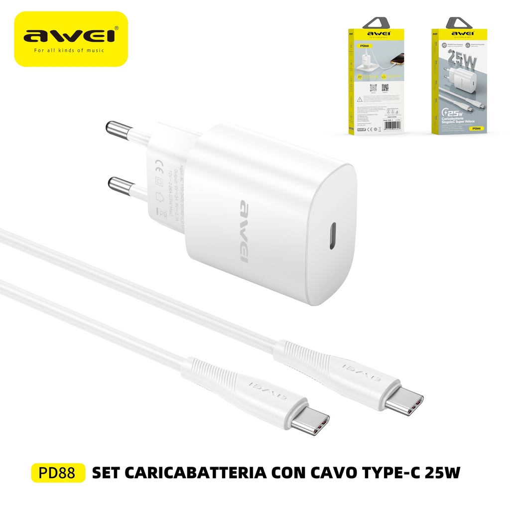 AWEI PD88CC Set Caricatore 25W + Cavo Type-C a Type-C