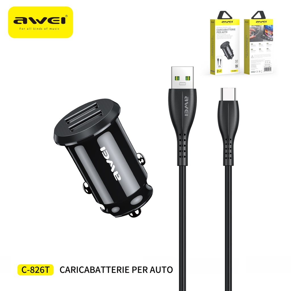 AWEI C-826T Set Caricatore Auto 2 USB + Cavo Type-C