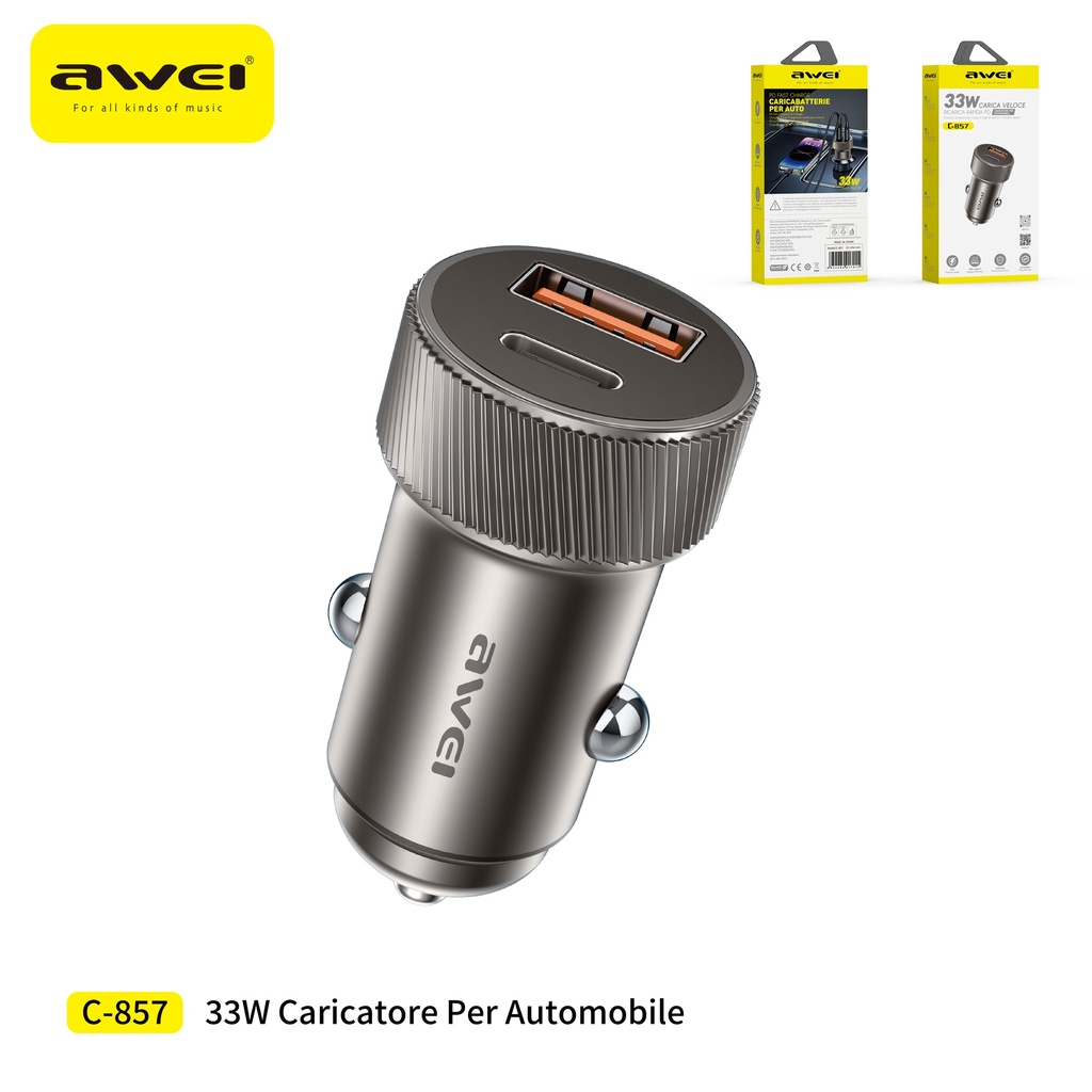 AWEI C-857 Caricatore Veloce Auto USB + Type-C 33W