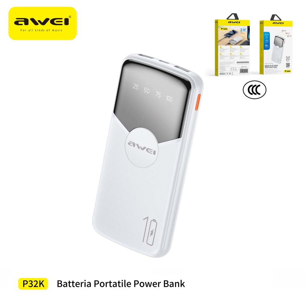 AWEI P32K-WH Power Bank 10000 mAh Doppia USB10000 mAh
