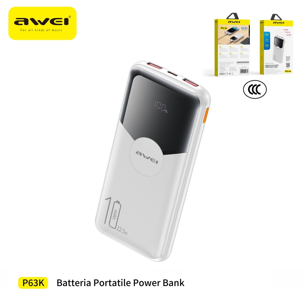 AWEI P63K-WH Power Bank Doppia USB10000 mAh
