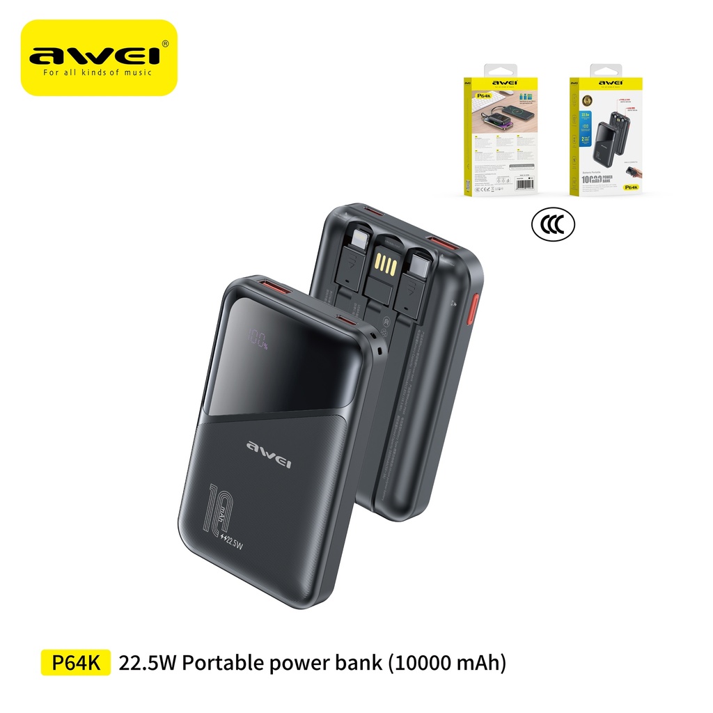 AWEI P64K Power Bank con Cavi 10000 mAh Nero