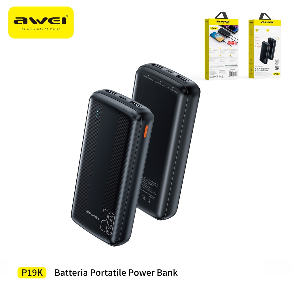 [P19K-BK] AWEI P19K-BK Power Bank 20000 mAh Doppia USB