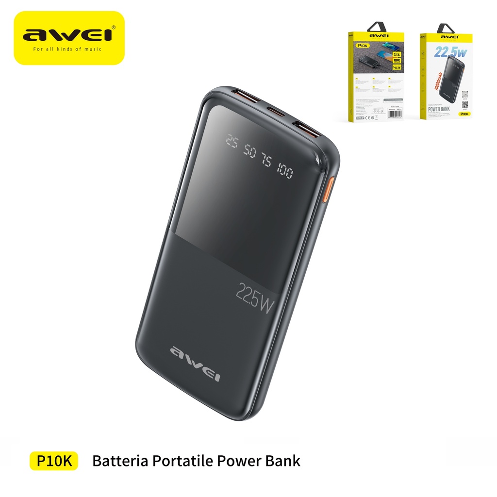 AWEI P10K Power Bank con Ricarica Rapida 10000 mAh 22,5W