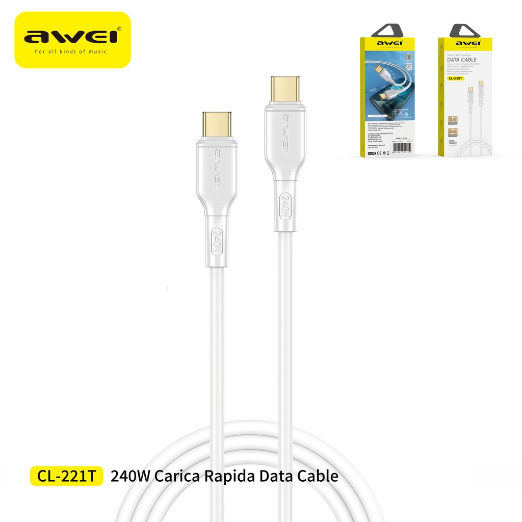 AWEI CL-221T-1 Cavo Ricarica Rapida Type-C a Type-C 240W 5A 1 m
