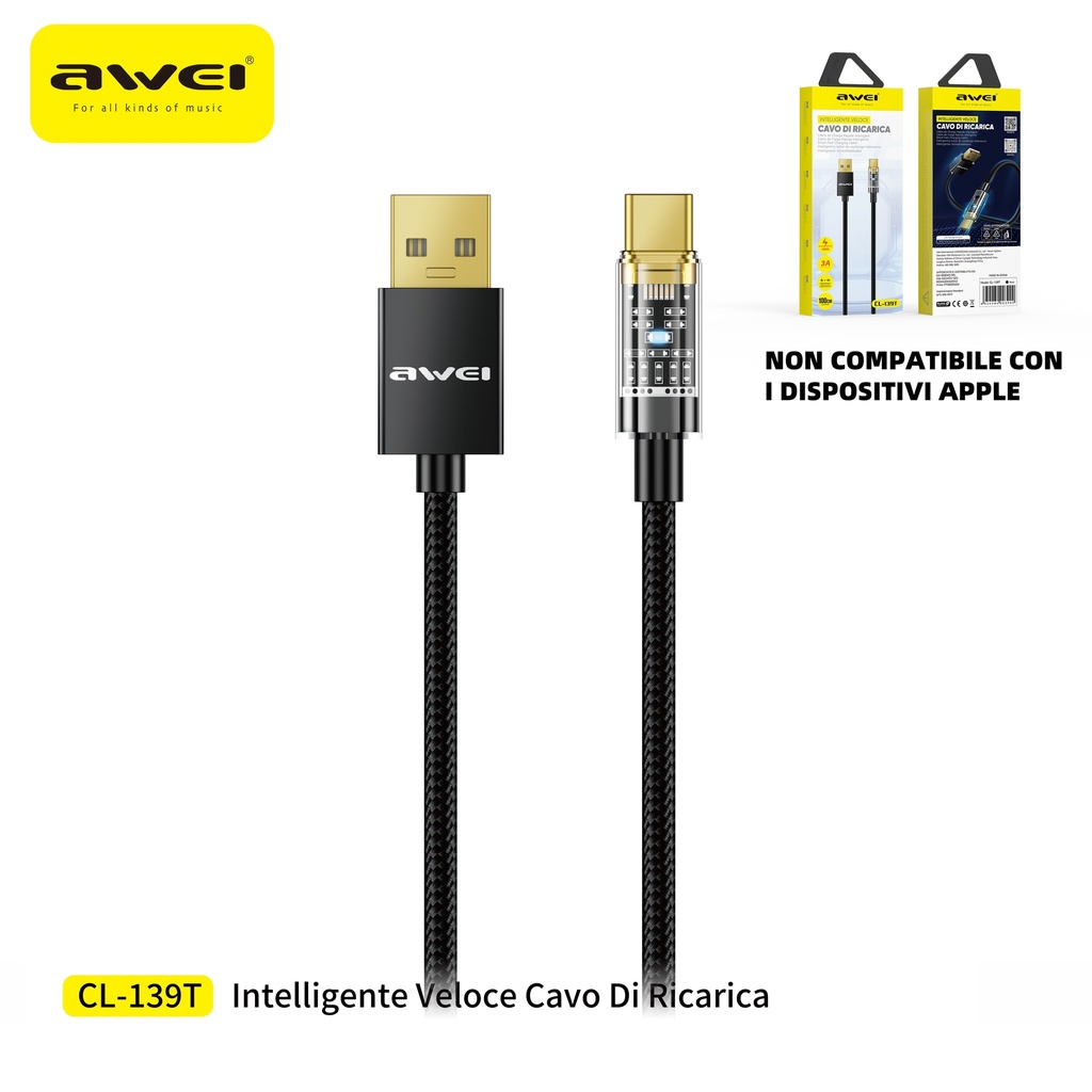 [CL-139T] AWEI CL-139T Cavo Ricarica Rapida Type-C a Type-C con Luce 100W 1 m