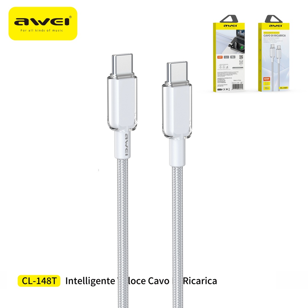AWEI CL-148T Cavo Ricarica Rapida Type-C a Type-C Trecciato 27W / 60W 1 m