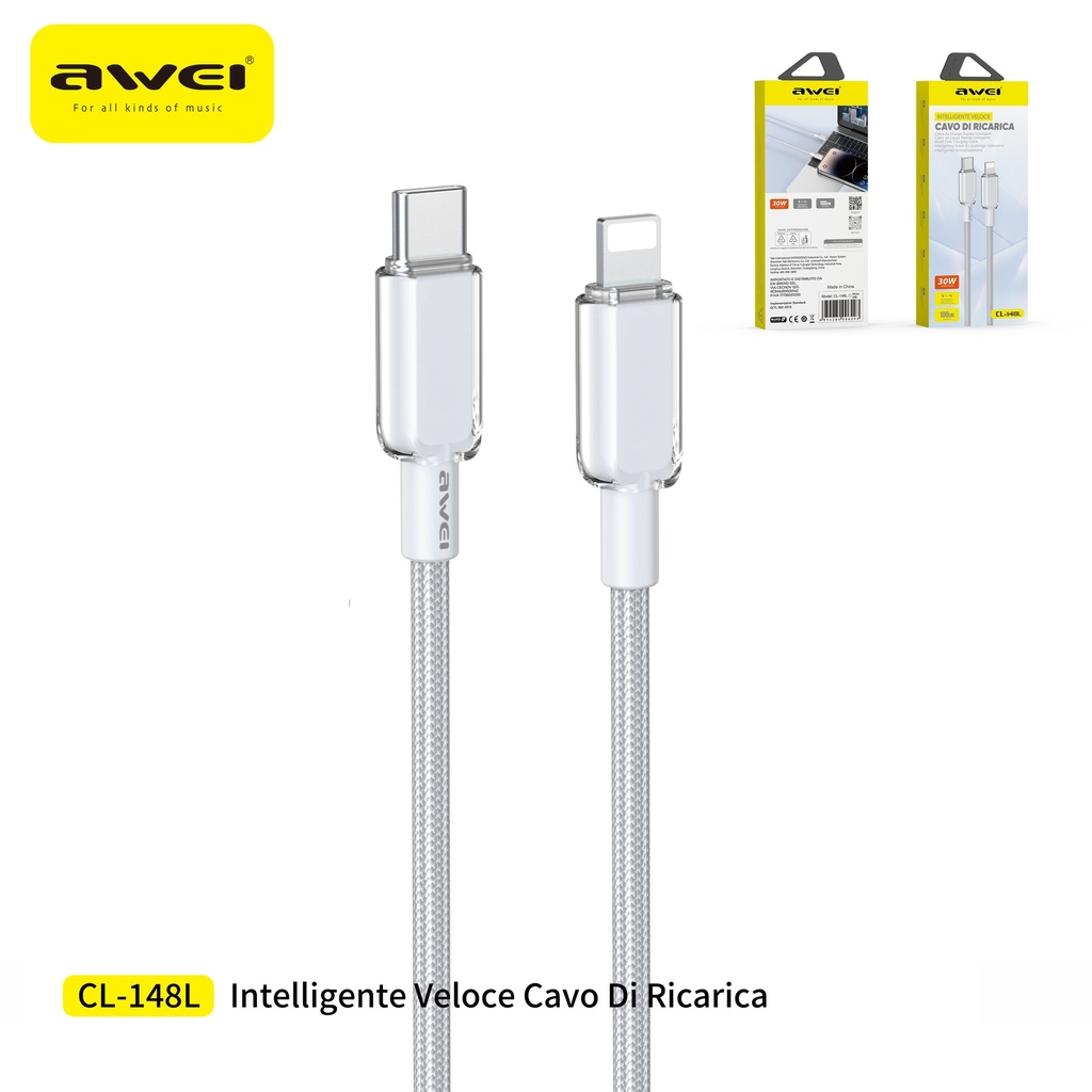 AWEI CL-148L Cavo Ricarica Rapida Type-C a Lightning Trecciato 30W 1 m