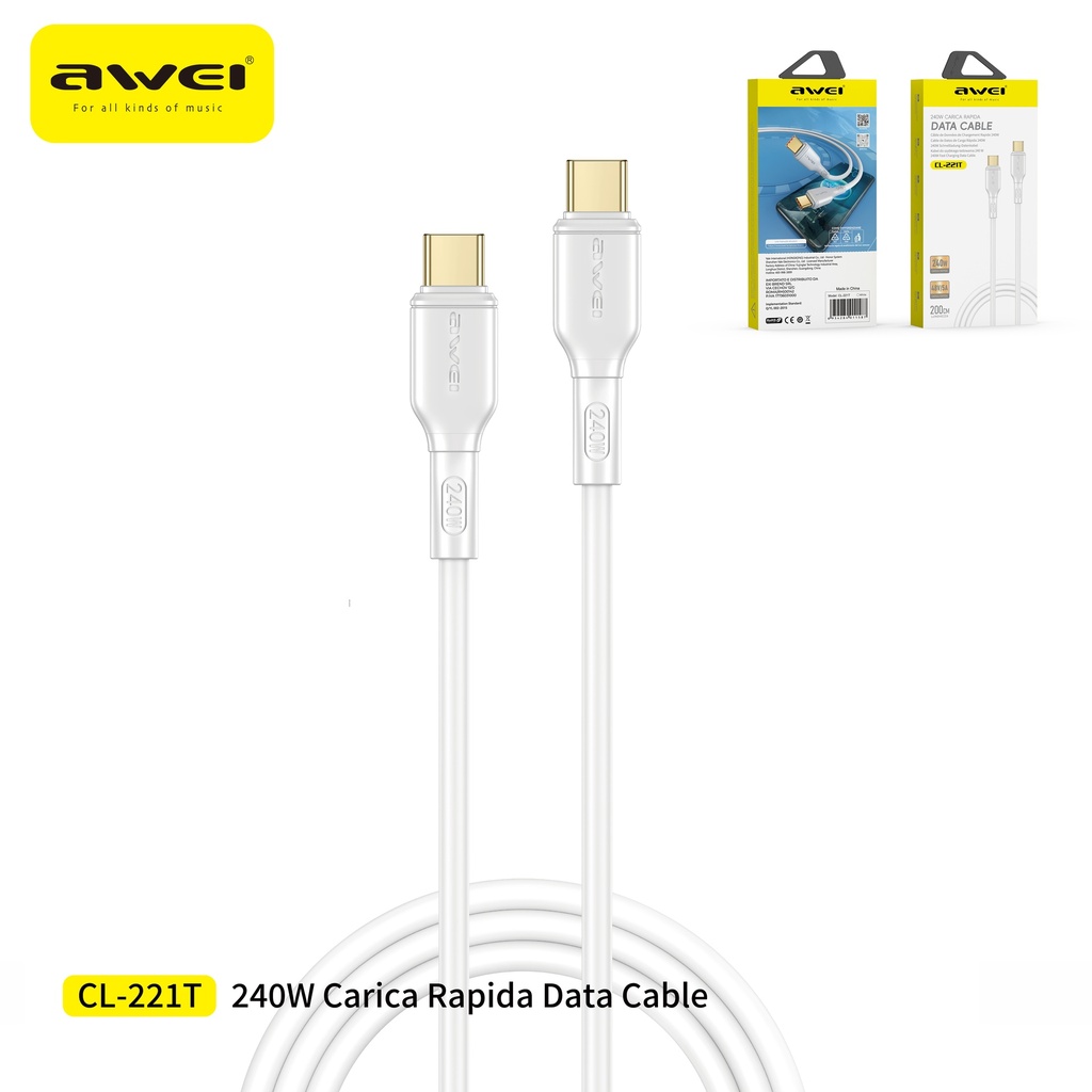 AWEI CL-221T-2 Cavo Ricarica Rapida Type-C a Type-C 240W 5A 2 m