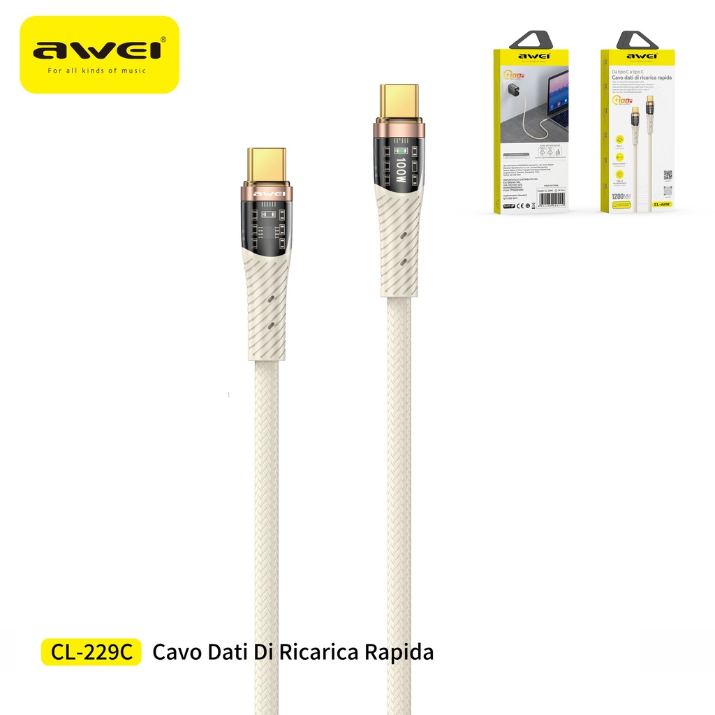 AWEI CL-229CC Cavo Type-C a Type-C con Display 20V / 5A 1,2 m